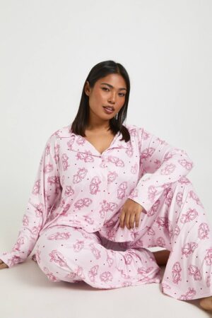 boohoo Dam Plus Valentines Hjärta Print Långärmad Skjorta & Byxa Pyjamas Set | Pink | Storlek 44