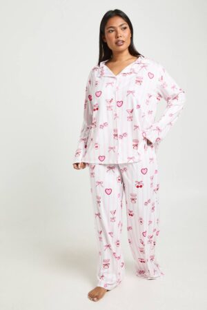 boohoo Dam Plus Valentines Randig Cocktails och Körsbär Tryck Långärmad Skjorta & Byxa Pyjamas Set | Pink | Storlek 44