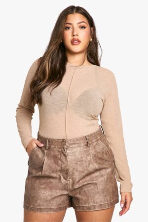 boohoo Dam Plus Veckade shorts i PU | Light Brown | Storlek 56