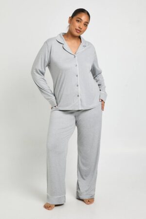 boohoo Dam Plus pipingsdetalj långärmad skjorta & byx-pyjamasset | Grey Marl | Storlek 44