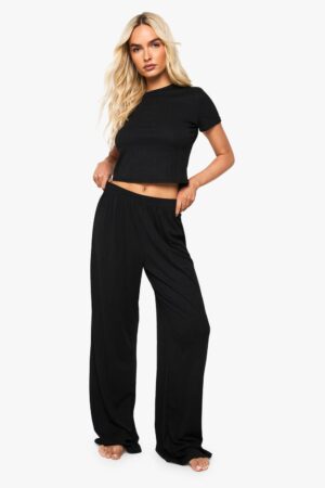 boohoo Dam Pointelle Baby-T-Shirt och Pyjamaset med Vida Ben | Black | Storlek 36