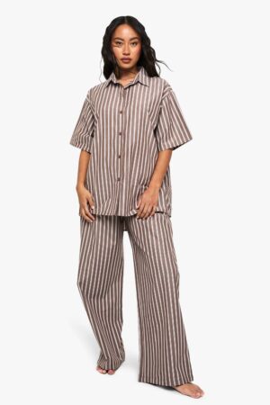 boohoo Dam Pyjamasbyxor i bomull med tonade ränder | Chocolate | Storlek 34