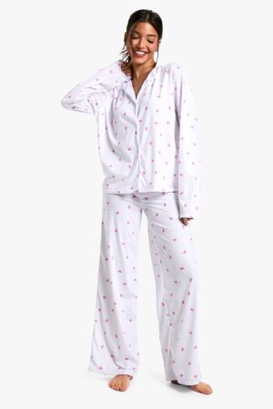 boohoo Dam Pyjamaset med långärmad skjorta och byxor med rosetttryck | White | Storlek 34