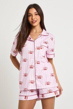 boohoo Dam Randig Körsbärsmönstrad Kortärmad Skjorta & Kort Pyjamas Set | Pink | Storlek 34