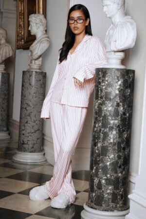 boohoo Dam Randig långärmad skjorta & byxa 3-delat pyjamasset | Pink | Storlek 36