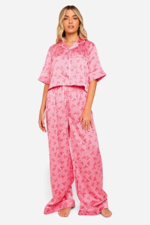 boohoo Dam Rosetttryckt satin skjorta & byxpyjamas set | Red | Storlek 40
