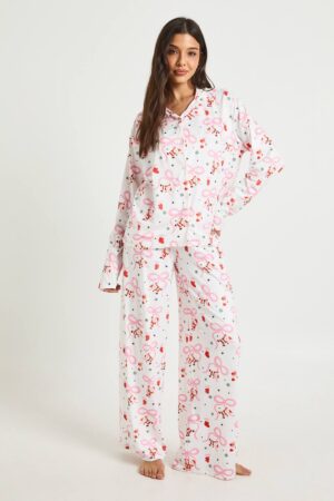 boohoo Dam Santa Bow Print Långärmad Topp & Byxor Pyjamasset | White | Storlek 36