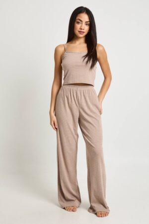 boohoo Dam Soft Rib Stripe Cami & Trouser Pyjama Set | Mocha | Storlek 36