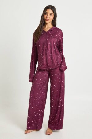 boohoo Dam Stjärnmönstrad långärmad topp och pyjamasbyxset | Burgundy | Storlek 34