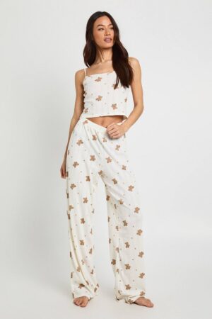 boohoo Dam Tall Björnmönstrat Pointelle Linne och Vida Byxor Pyjamas Set | Cream | Storlek 36