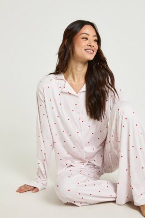 boohoo Dam Tall Bow & hjärttryckt långärmad topp & byxor pyjamas set | Light Pink | Storlek 36