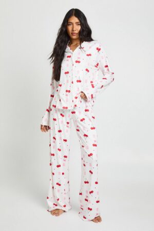 boohoo Dam Tall Cherries & Sweets Långärmad Skjorta & Byxor Pyjamas Set | White | Storlek 44