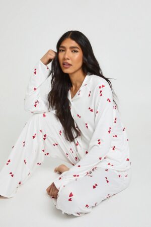 boohoo Dam Tall Hjärtmönstrad Långärmad Skjorta & Byxor Pyjamas Set | White | Storlek 38