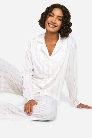 boohoo Dam Tall Kritstrecksrandig pyjamas med rosett | White | Storlek 38
