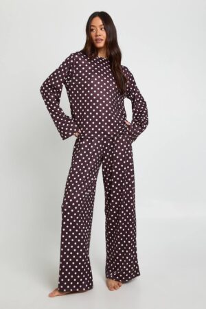 boohoo Dam Tall Prickig Långärmad Topp & Byxor Pyjamasset | Chocolate | Storlek 38
