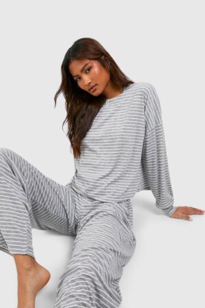 boohoo Dam Tall Randig pyjamas i jersey | Grey | Storlek 36