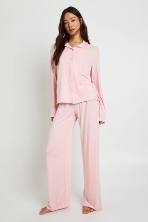 boohoo Dam Tall långärmad skjorta & pyjamasbyxset | Baby Pink | Storlek 36