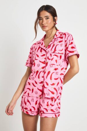 boohoo Dam Valentines Chill Print Kortärmad Skjorta & Shorts 3-delat Pyjamasset | Baby Pink | Storlek 36