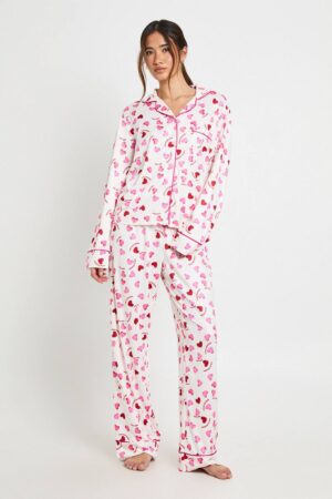 boohoo Dam Valentines Hjärttryck Långärmad Skjorta & Byxor 3-delars Pyjamasset | Cream | Storlek 38