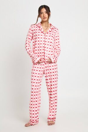 boohoo Dam Valentines Randig & Hjärtmönstrad Långärmad Tröja & Byxor 3-delat Pyjamasset | Pink | Storlek 34