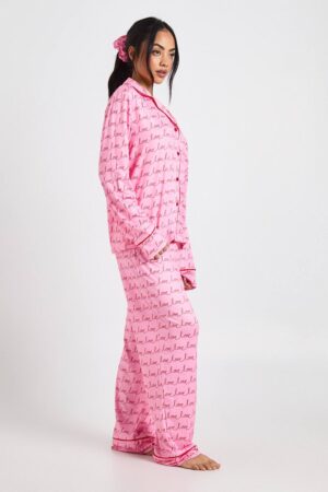 boohoo Dam Valentines Script Långärmad Skjorta & Byxor 3-delars Pyjamasset | Pink | Storlek 38