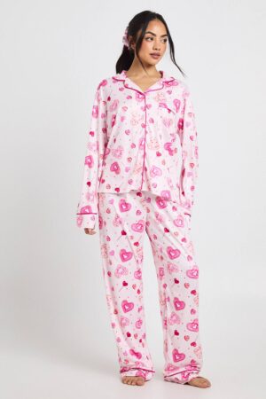 boohoo Dam Valentins Hjärt-Munk Print Långärmad Tröja & Byxor 3-delars Pyjamasset | Baby Pink | Storlek 38