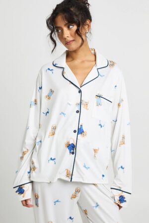 boohoo Dam Valpmotiv med Rosetter Långärmad Tröja & Byxor 3-delat Pyjamasset | White | Storlek 36