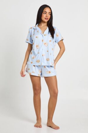 boohoo Dam Breakfast Print Short Sleeve Shirt & Short Pyjama Set | Baby Blue | Storlek 44