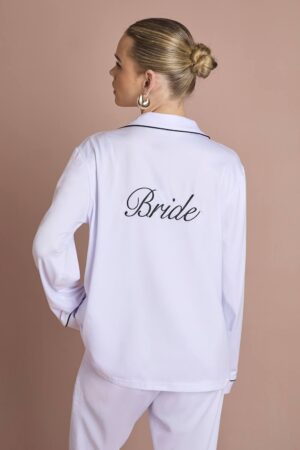 boohoo Dam Bröllops 'bride' Jersey Broderad Långärmad Tröja & Byxor Pyjamas Set | White | Storlek 44