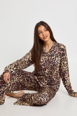 boohoo Dam Leopardmönstrad Långärmad Topp & Byxor Pyjamas Set | Storlek 44