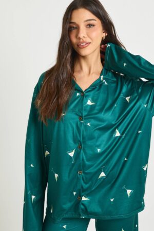 boohoo Dam Martini Tryckt långärmad topp & byxor pyjamaset | Emerald | Storlek 36