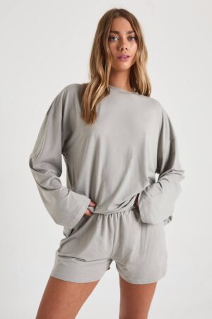 boohoo Dam Modal OverStorlekd Långärmad Topp & Shorts Pyjamas Set | Grey | Storlek 36