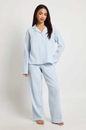 boohoo Dam Muslin Long Sleeve Shirt & Trouser Pyjama Set | Light Blue | Storlek 44