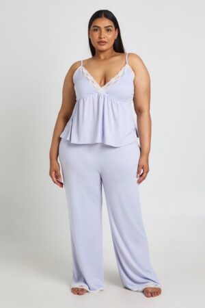 boohoo Dam Plus Babydoll Pyjama Top And Trouser Set | Sky Blue | Storlek 48