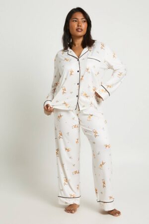 boohoo Dam Plus Dear Print Long Sleeve Shirt & Trouser Pyjama Set | Cream | Storlek 48