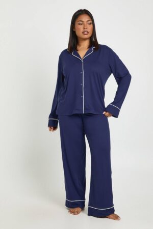 boohoo Dam Plus Jersey Piping Detail Long Sleeve & Trouser Pyjama Set | Navy | Storlek 48