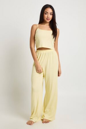 boohoo Dam Pointelle Cami and Wide Leg Trouser Pyjama Set | Lemon | Storlek 44