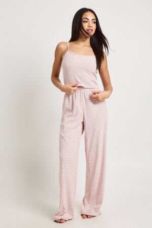 boohoo Dam Soft Rib Stripe Cami & Trouser Pyjama Set | Baby Pink | Storlek 44