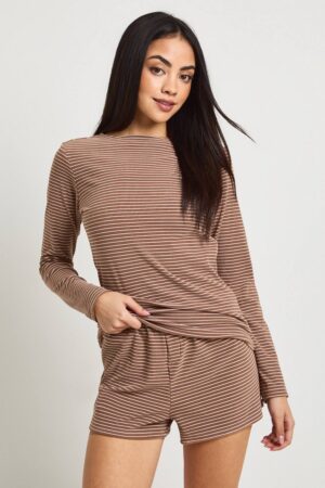 boohoo Dam Soft Rib Stripe Long Sleeve Top & Short Pyjama Set | Chocolate | Storlek 44