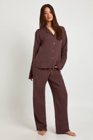 boohoo Dam Tall Muslin Long Sleeve Shirt & Trouser Pyjama Set | Chocolate | Storlek 46