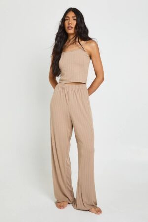 boohoo Dam Tall Pointelle Cami and Wide Leg Trouser Pyjama Set | Mocha | Storlek 46